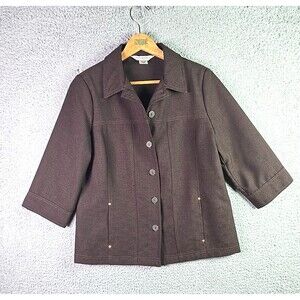 Allison Daley Button Up Brown Jacket Gold Accent Three Quarter Sleeve Classic 8